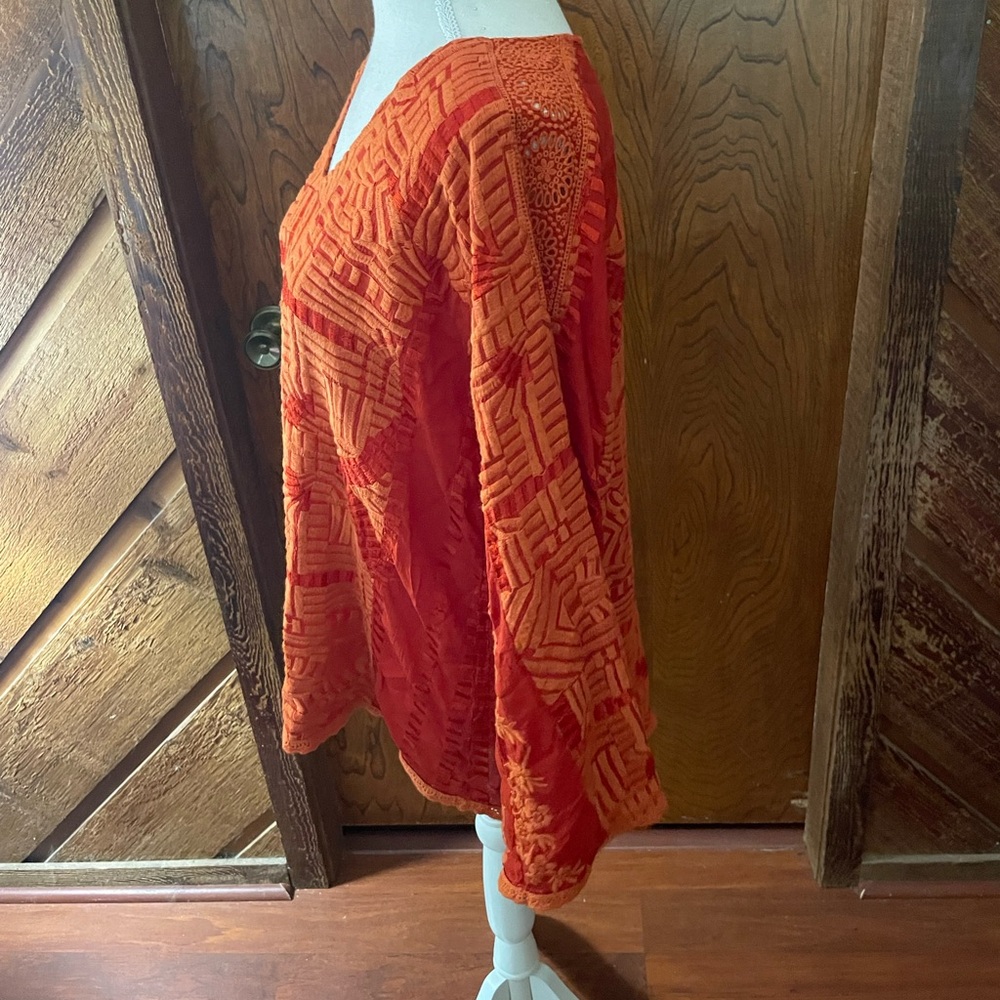 Johnny Was Orange Embroidery peasant blouse sz XS Vneck long sleeve eyelet lace - Picture 7 of 16